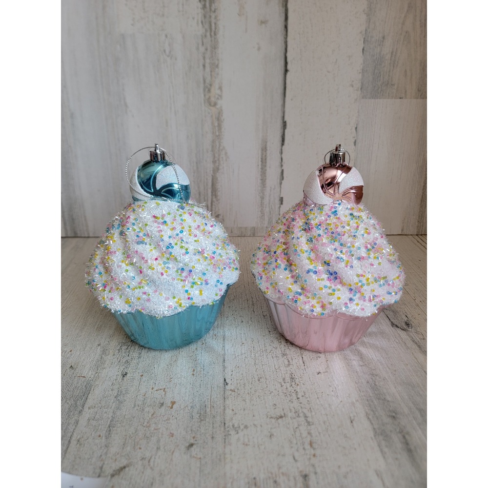 Shatterproof glitter large cupcake‎ ornament Xmas dessert treat set